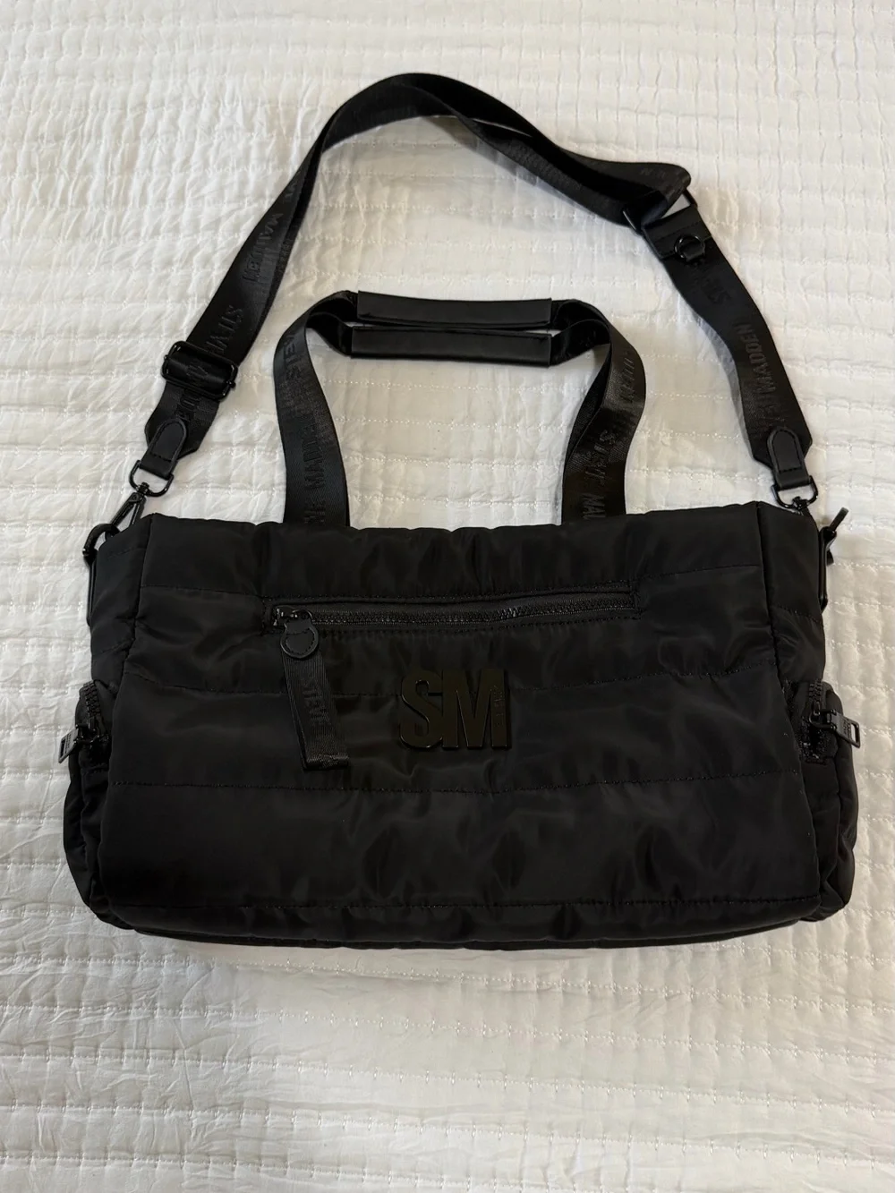 Steve Madden Black Quilted Crossbody Tote with SM Logo